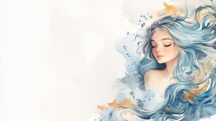 A serene watercolor illustration of a girl with flowing blue hair, evoking calmness and beauty. Aquarius Day Background