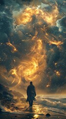 Obraz premium A Lonely Figure Walks Towards a Mystical Cosmic Landscape