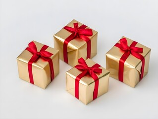 Obraz premium Golden Gifts and Gift Boxes with Red Ribbon Wrapping, Elegant Holiday or Celebration Presents with Festive Wrapping and Ribbon Accents
