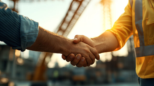 Handshake between male and female civil engineers at construction site, symbolizing collaboration and teamwork in engineering projects