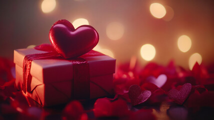 A gift box with a heart on top, surrounded by red decorations for Valentine's Day