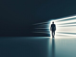 A silhouette of a person stands alone, illuminated by energetic light streaks on a dark, reflective surface, symbolizing movement and growth.