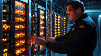 technician monitors illuminated servers in data center, ensuring optimal performance and security. environment is high tech and focused on cryptocurrency transactions