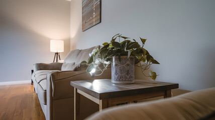A cozy living room featuring a comfortable beige sofa, a small wooden side table with a decorative plant, and a stylish lamp illuminating the space, creating a warm atmosphere.