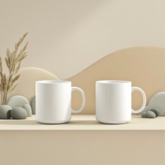 two 11onz white mug mockup with a cute realistic background, for a promotional campain .generative ai