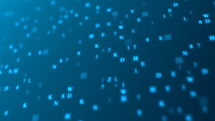 Blue glowing letters and numbers matrix abstract background, horizontal composition. Technology background.