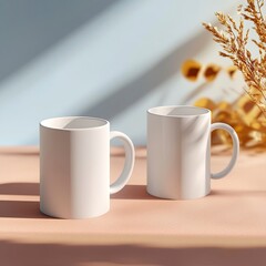 two 11onz white mug mockup with a cute realistic background, for a promotional campain .generative ai