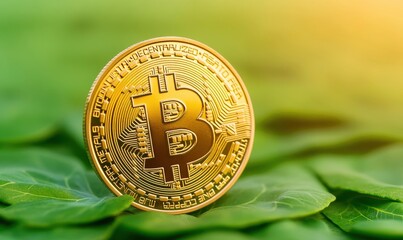Gold bitcoin on green leaf. concept of digital currency. Cryptocurrency mining and renewable energy concept