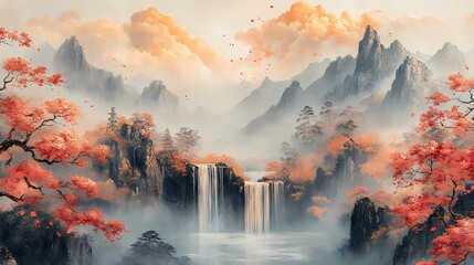 Traditional Chinese golden cloud red mountain illustration poster background