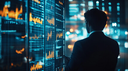 Business professional analyzing data trends on digital display in a modern office environment