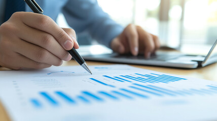 Business professional analyzing financial graphs and trends with a laptop at the office