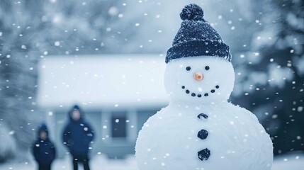 Cheerful Snowman with a Blue Hat Standing in Front of a House Covered with Snow During a Winter Afternoon with Blurry Figures in the Background