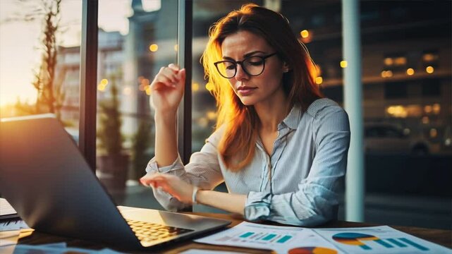 A woman is sitting at a desk with a laptop and a stack of papers