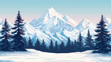 Serene Winter Landscape with Snow-Covered Mountains, Majestic Peaks, Lush Evergreen Trees, and a Soft Pastel Sky at Dawn or Dusk for a Tranquil Atmosphere
