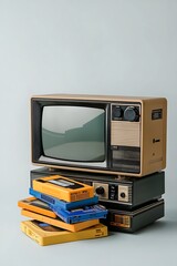 A stack of old tapes and a television are on a table