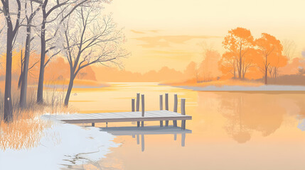 Tranquil winter scene of a wooden dock on a frozen lake with snow-covered shore and trees at sunrise.