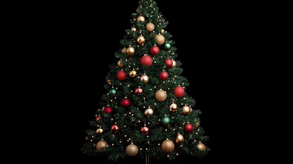 Obraz premium Decorated Christmas Tree with Glittering Ornaments and Lights in Festive Colors on a Black Background for Holiday Celebrations and Decorations