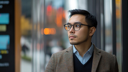 Obraz premium Professional man dressed in business attire stands by a window overlooking a city street