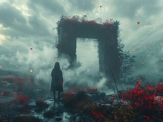 Fototapeta premium A Lonely Figure Stands Before a Mystical Stone Archway in a Foggy Forest