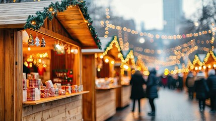 Charming Winter Market Scene with Festively Decorated Stalls and Warm Lights Creating a Magical Holiday Atmosphere in a Vibrant Urban Setting