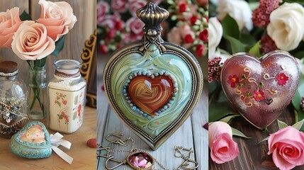 A collection of handcrafted Valentine's Day gifts, including personalized photo frames, custom jewelry, and decorated jars.