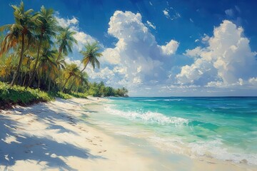 a tropical beach scene depicting a pristine white sandy shore clear turquoise water and coconut palm trees swaying under a bright blue sky with fluffy clouds evoking relaxation and paradise