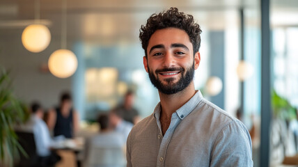 Obraz premium Professional man smiles warmly at a modern office during a busy workday