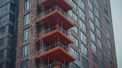 Fototapeta premium scaffolding structure against a high-rise building, showing reinforced steel pipes and platforms arranged meticulously to meet safety standards