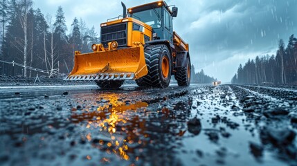 Yellow Construction Vehicle on a Rainy Road