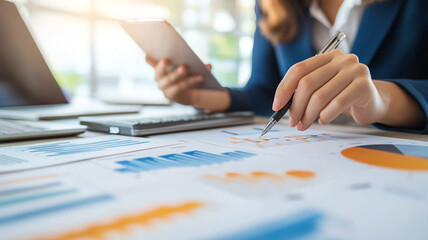 Business professional analyzing financial data with tablet and pen in a modern office setting