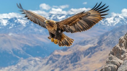 Obraz premium Majestic eagle soaring over mountainous landscape.