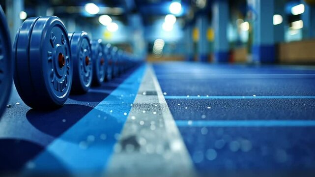 A row of dumbbells sits on a blue gym floor, with water droplets visible, showcasing an inviting space for strength training and fitness activities during the day