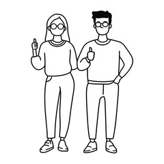 Casual Couple Smiling and Waving - Friendly Outline Illustration