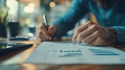 Business professional analyzing charts and graphs while preparing a report in a modern office