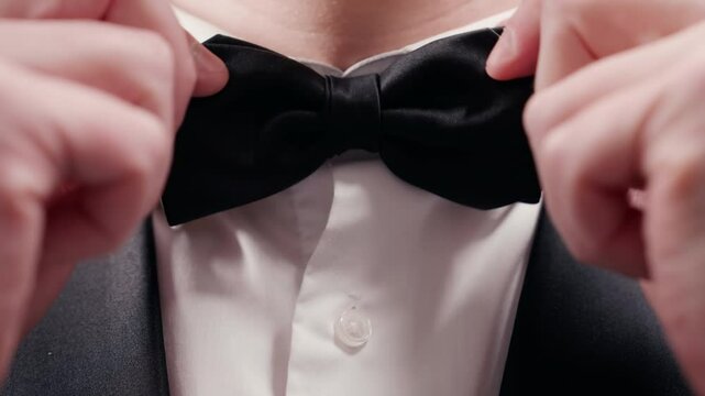 Gentleman Perfecting Black Bow Tie Look | High-End Fashion and Style Moment | Luxury Formal Wear Close-up of Collar Adjustment