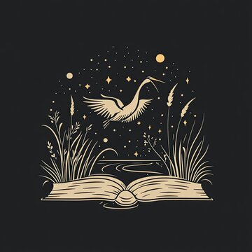 a clean line design of an ex libris logo featuring a crane and stream under a starry night.generative ai