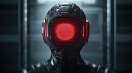 A futuristic humanoid figure with a glowing red circular face and a sleek, dark body, set against a moody, metallic background.