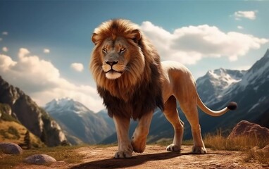 A majestic lion walks through a picturesque landscape with mountains in the background.