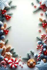 flat lay of candy and fir branches with copy space