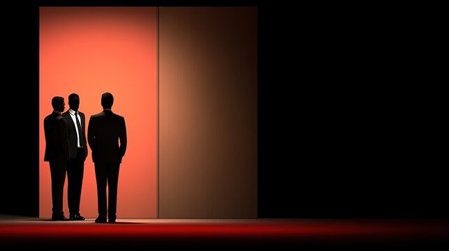 Silhouetted Businessmen in Suits Standing Against a Minimalistic Red Partition, Symbolizing Professionalism, Teamwork, and Corporate Environment in a Studio Setting