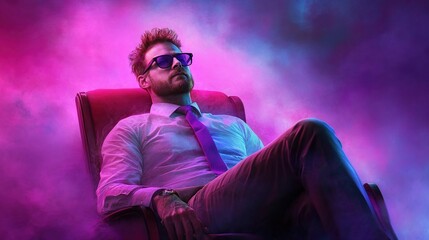 Relaxed man wearing sunglasses in a stylish suit, lounging in a chair surrounded by vibrant purple and pink smoke, embodying a cool and confident vibe, ideal for modern lifestyle visuals.