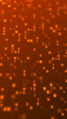 Orange glowing letters and numbers matrix abstract background, vertical composition. Technology background.