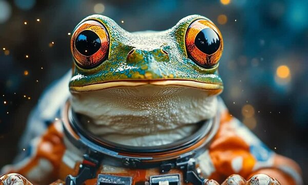 A green frog with large, round, orange-rimmed eyes wearing an astronaut suit, against a dark background of stars and bokeh.