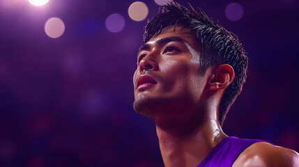 Close-up Portrait of a Determined Athlete in a Purple Jersey,  Under the Spotlight
