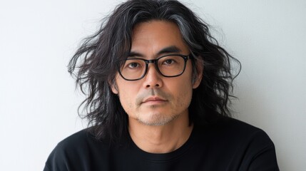Fototapeta premium プロの照明の下で、眼鏡をかけ、長い髪をしたアジア人のスタジオポートレート
