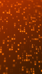 Orange glowing letters and numbers matrix abstract background, vertical composition. Technology background.