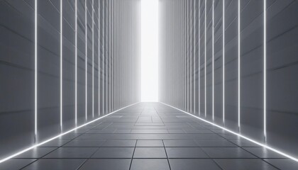 Obraz premium A modern, illuminated corridor with glowing walls leads to a bright opening, creating a sense of depth and futurism.