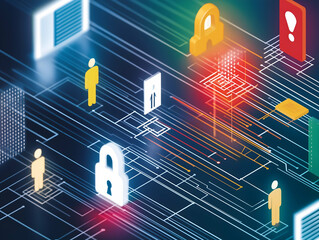 Fototapeta premium A vibrant digital landscape featuring figures, security locks, and icons representing data protection, highlighting the theme of cybersecurity and digital safety.