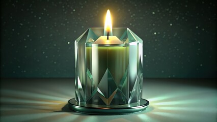 A Lit Candle Inside a Glass Holder with Geometric Design