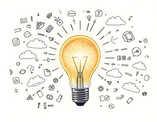 An oversized light bulb with a burst of light at the center, surrounded by doodles of clouds, arrows, and icons symbolizing ideas and inspiration in a brainstorming session.